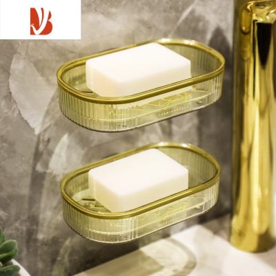 三维工匠肥皂盒壁挂式免打孔沥水家用2022新款卫生间浴室收纳架香皂置物架 轻奢金-2个[双层沥水/可台面/可壁挂] 破损