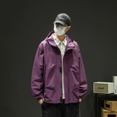 户外山系防风登山服单层连帽冲锋衣春秋季新款连帽工装夹克男外套