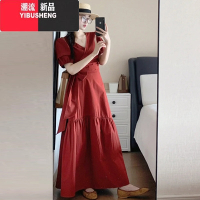 YIBUSHENG法式复古v领连衣裙子女季2024新款小众设计感气质收腰长裙套装