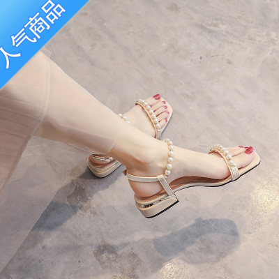 SUNTEK仙女风凉鞋2023年女新款夏季中跟时尚粗跟一字珍珠配裙子温柔法式