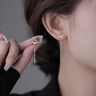 s925银闪钻爱心耳线女耳链轻奢小众高级流苏耳环2024新款心形耳饰送女朋友老婆情人节七夕生日礼物