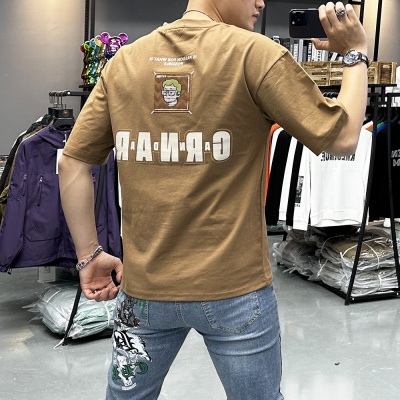 欧货夏季抖音短袖T恤男上衣潮流刺绣青年丝光棉半袖体恤