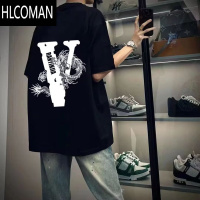 HLCOMAN男生短袖T恤高街痞帅潮牌龙年字母印花宽松百搭圆领体恤上衣
