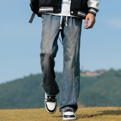 美式牛仔裤男秋季新款潮牌高街水洗复古宽松直筒微喇长裤
