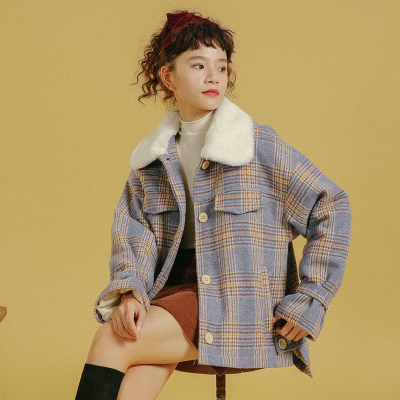 FISHBASKET格子毛呢加棉外套女2020年新款加厚短款呢子日系小个子大衣毛呢外套