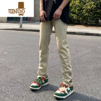 YANXU欧美高街vibe做旧黄泥染牛仔裤男裤脚拉链开叉嘻哈直筒修身裤子潮