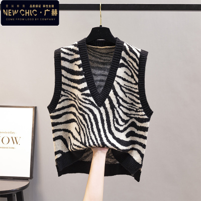 广赫马甲背心外套春秋外搭新款针织女士毛衣潮韩版V领宽松斑马纹外穿夹克