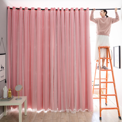 帘隔断免打孔可爱少女伸缩杆CIAA布艺卧室家用布贴纱经典粉色帘宽3.0*2.5米高双开『送弹簧杆长1.6-2.1米』