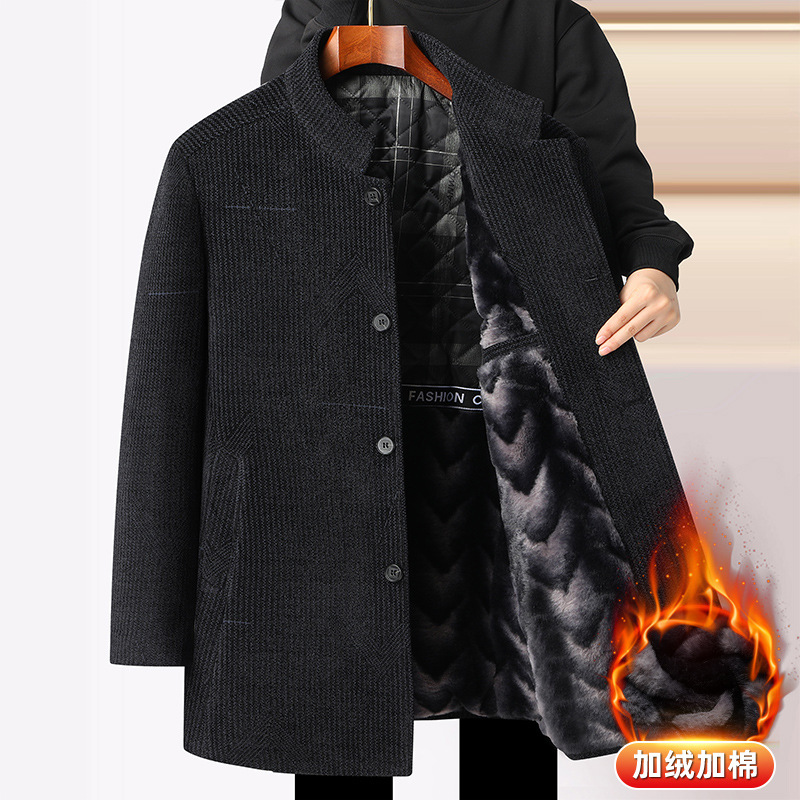 冬季新款雪呢尔加绒加厚中长立领大衣风衣中老年男士保暖防寒外套
