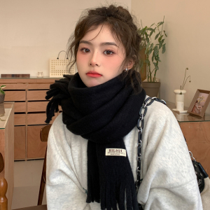 啄木鸟纯色流苏软糯毛绒围巾女秋冬加绒加厚韩版百搭学生保暖围脖