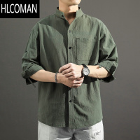 HLCOMAN大码亚麻短袖衬衫男宽松潮胖子加肥加大男士夏季棉麻五分袖薄款