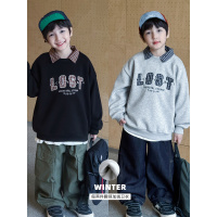 童酷男童冬款帅气假两件翻领宝宝上衣字母刺绣加绒儿童卫衣潮