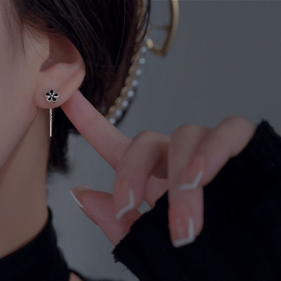 s925纯银黑白滴釉花朵耳线女超仙短款流苏耳链气质森系五瓣花耳饰送女朋友老婆情人节七夕生日礼物