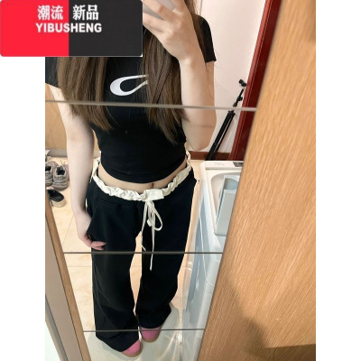 YIBUSHENG拼接花边休闲裤女季薄款小个子高腰显瘦抽绳宽松垂感直筒阔腿裤