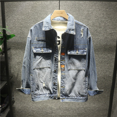 新款Hi日系复古多口袋工装牛仔夹克男士潮流宽松百搭磨烂上衣外套