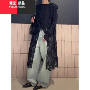YIBUSHENG春新款黑色蕾丝无袖马甲吊带连衣裙女宽松长款镂空罩衫背心裙