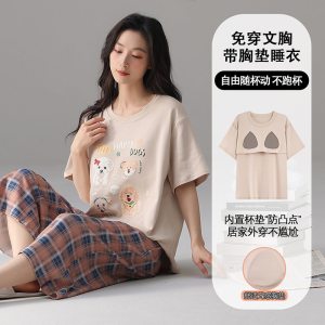 睡衣纯棉女夏季新款短袖七分裤卡通全棉韩版宽松家居服可外穿套装