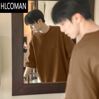 HLCOMAN美式复古t恤小领口夏季阳光干净男生穿搭短袖高街七分袖