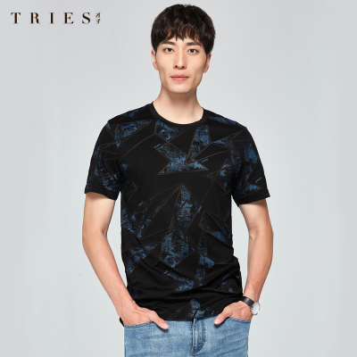 才子男装tries短袖T恤夏季新款印花镂空设计感修身男士圆领打底衫
