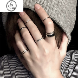 JiMi时尚个性戒指女ins潮冷淡风小众关节戒套装简约嘻哈复古素圈指环 0545A#戒指套装一套七只内径约1.41.8cm