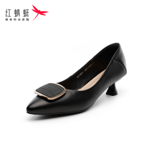 红蜻蜓女鞋2023春季新款牛皮透气中跟单鞋套脚尖头性感纯色工作皮鞋女