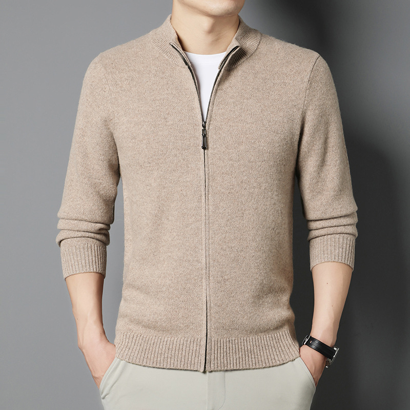 100%羊毛530克加厚针织开衫男冬季新款纯色休闲毛衣男士外套