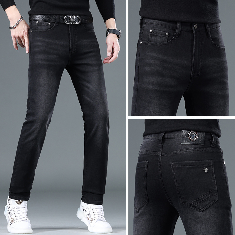高端牛仔裤男士修身小脚黑色潮牌秋冬厚款休闲商务百搭长裤子