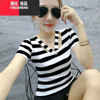 YIBUSHENG2023季新款韩版修身百搭显瘦时尚V领条纹短袖T恤女打底衫上衣