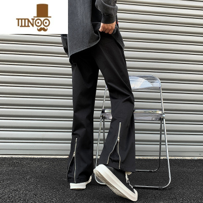 YANXU休闲裤男2023新款宽松设计感开叉直筒裤子高街vibe潮牌黑色长裤子