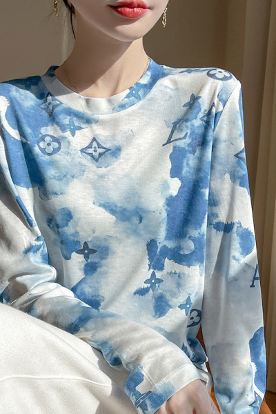 扎染印花复古打底衫女修身2025春季新款内搭长袖上衣小衫女装服饰