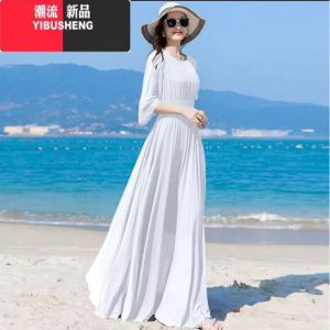 YIBUSHENG白色雪纺连衣裙长款到脚踝2023新款显瘦大摆气质波西米亚沙滩裙