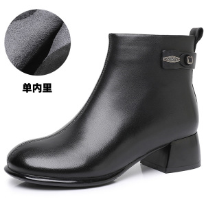 圆头切尔西靴秋冬时尚韩版短靴头层羊皮粗跟金属扣复古时装靴