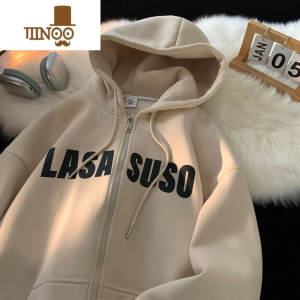 YANXU美式复古开衫拉链卫衣男2023高街潮牌宽松青少年连帽外套