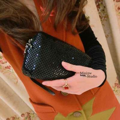 高光亮片长款型手拿晚宴包手拿铝片包可拆卸手拎单手包晚宴女手包黑色