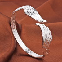银手镯女999足银翅膀羽毛手环开口福字年轻款饰品银镯子送女朋友老婆情人节七夕生日礼物