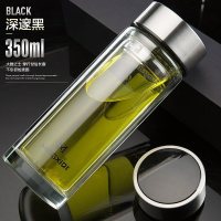 家柏饰(CORATED)玻璃杯便携双层水杯透明圆形带盖男女车载办公家用随手茶杯子 黑色350ml