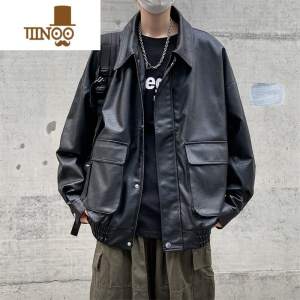 YANXU欧美街头PU皮外套男生秋季ins潮流痞帅机车服男生宽松皮衣夹克男
