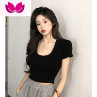 七斓纯欲风大U领短款T恤夏季2023新款修身显瘦网红辣妹气质短袖上衣女