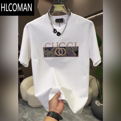 HLCOMAN夏季新款潮牌时尚洋气印花白色短袖t恤男士修身痞帅棉质半袖上衣