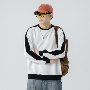 男士圆领卫衣春秋季韩版潮流拼色拼接宽松套头百搭长袖打底衫男装