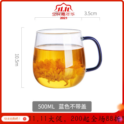美帮汇茶杯玻璃杯过滤泡花茶杯家用带盖带把茶水分离男女办公透明水杯子 蓝色-500ml