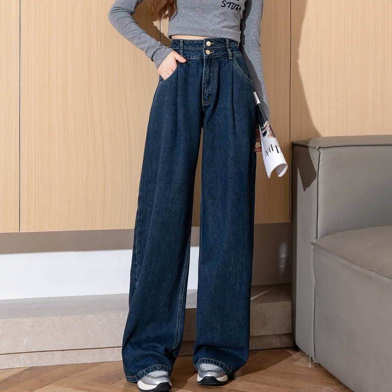 [2.5折价112元]唐狮春季新款牛仔裤女原色高腰设计感显瘦阔腿拖地长裤女
