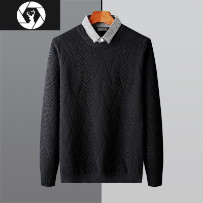 HongZun冬季假两件男士毛衣假领新款加绒加厚衬衫领针织衫男内搭打底衫潮毛衣