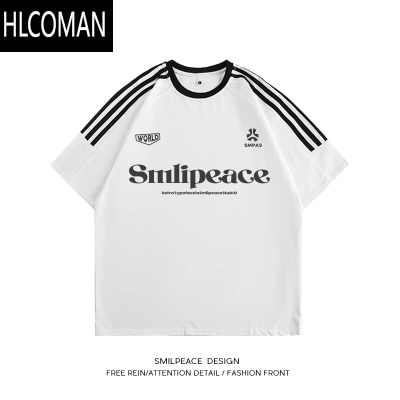 HLCOMAN笑颜工作室 夏季美式复古短袖T恤男女插肩国潮三条杠运动上衣