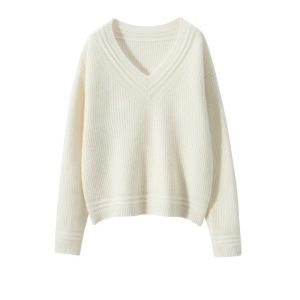 秋冬新款纯色山羊绒衫女针织打底衫宽松显瘦厚款V领毛衣长袖套头