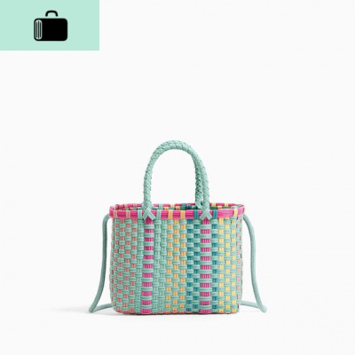 2019新款彩色手工编织包女za家单肩手提编包ins同款度假沙滩包NEW LAKE 塑料小篮子女士单肩包