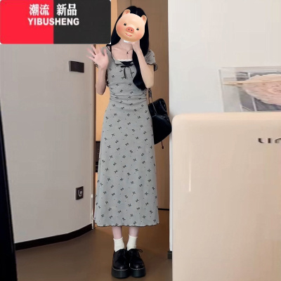 YIBUSHENG气质穿搭一整套新中式假两件碎花连衣裙子女2024新款法式包臀长裙