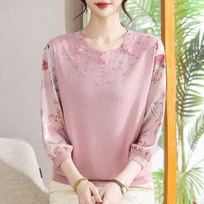 新款妈妈中老年女洋气针织衫气质纱袖40-60岁气质中年女休闲上衣