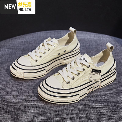 林先森秋冬黑色厚底帆布鞋女板鞋ins潮百搭鞋子2021春季女鞋新款小白鞋帆布鞋