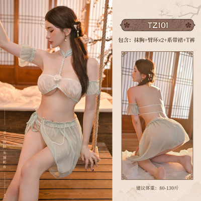 九里晴川薄荷仙子透视分体套装汉服诱惑情趣内衣性感纯欲露臀裙 九里晴川TZ101[异域风情套装-黄绿] 均码